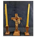Vintage Wooden Candle Holders & Crucifix & Candle