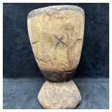 African Carved Wooden Mortar Vessel With Incised M
