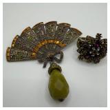 Heidi Daus Signed Crystal Fan Brooch and Floral Ri