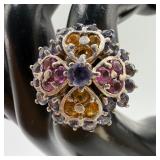 Multi Colored Gemstone Cluster Ring 925 Sterling S
