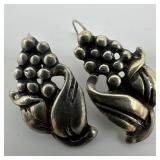 Stylized Grape and Leaf Silver Dangle Earrings M29