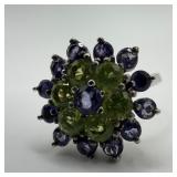 Cluster Cocktail Ring Sterling 925 Peridot and Tan