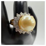Kenneth Jay Lane Cocktail Ring Gold Tone Clear Rhi