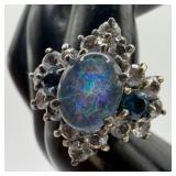 Doublet Opal Blue and White Sapphires Sterling Sil