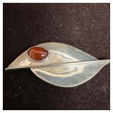 Modernist Sterling Silver Carnelian Stylized Leaf