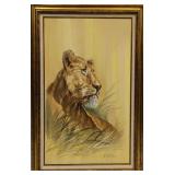 Framed Original Oil On Canvas Lioness