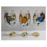 3 Hand Painted Wine Glasses With Fruit Designs D