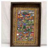 Mexican Folk Art Village Scene Painting on Bark St