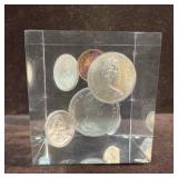 Vintage 1970 Canadian Coins In Lucite Cube Paperwe