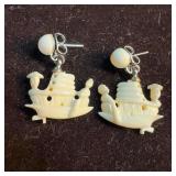 Hand Carved Bone Boat Dangle Drop Earrings
