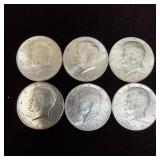 Lot of Six Kennedy Half Dollar 1964 Silver Coin .9