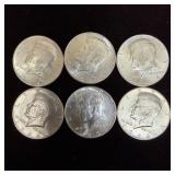 Lot of Six Kennedy Half Dollar 1964 Silver Coin .9