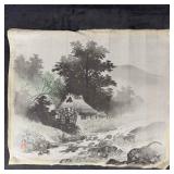 Watermill East Asian Ink Painting on Cloth Sumi-e