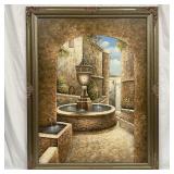 Signed Fountain Courtyard Oil Painting on Canvas T