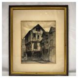 Architectural Etching of European Half Timbered Bu
