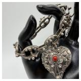 Etruscan Revival Style 800 Silver Heart Charm Brac