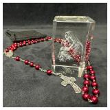 Religious Rosary and Madonna Glass Crystal Display