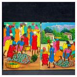 Pair of Belando Signed Caribbean Market Scene Artw