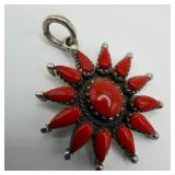 Zuni Navajo Style Red Coral Sterling Silver Pendan