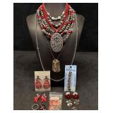 14pc Red and Silver Toned Cinnabar and Steel Costu