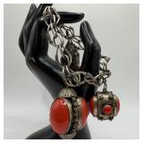 Red Coral Cabochon Charm 800 Silver Bracelet Ornat