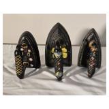 3 hand painted sad irons