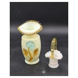 Victorian vase and tiny milk glass basket