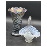 Carnival glass vase and Iridescent basket