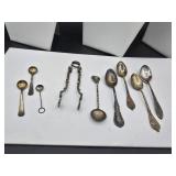 Salt spoons, souvenir spoons and tongs