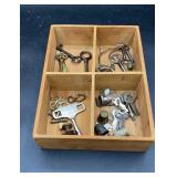 Box of skeleton keys, thimbles and more