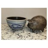 Pottery Pig and Stoneware Bowl with pig design
