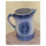 Blue and White Stoneware Pitcher with Cows