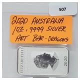 2020 1oz .999 Silver Australia Dragons Art Bar