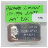 1oz .999 Silver Abraham Lincoln Art Bar 1oz .999 Silver Abraham Lincoln Art Bar