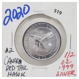 2020 1/2oz .999 Silver $2 Canada Red Tail Hawk