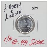 1/10oz .999 Silver Liberty & Lincoln Round