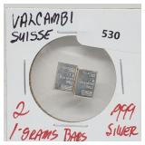 2-1G .999 Silver Valcambi Suisse Bars 2-1G .999 Silver Valcambi Suisse Bars