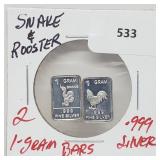 2-1G .999 Silver Snake & Rooster Bars