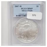 PCGS 2007-W MS69 1oz .999 Silver Eagle $1 Dollar