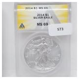 ANACS 2014 MS69 1oz .999 Silver Eagle $1 Dollar