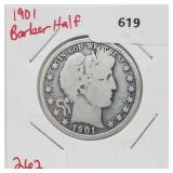 1901 90% Silver Barber Half $1 Dollar