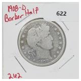1908-D 90% Silver Barber Half $1 Dollar 1908-D 90% Silver Barber Half $1 Dollar
