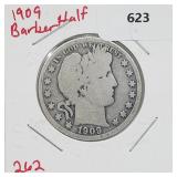 1909 90% Silver Barber Half $1 Dollar