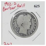 1912-D 90% Silver Barber Half $1 Dollar