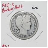 1915-S 90% Silver Barber Half $1 Dollar