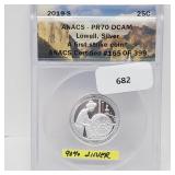 ANACS 2019-S PR70DCAM 90% Silv Lowell Quarter