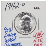 1942-D UNC 90% Silver Wash Quarter