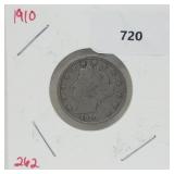 1910 V Nickel 5 Cents