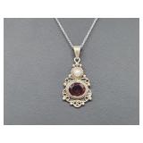 .925 Sterling Silver Garnet/Pearl Pend & Chain