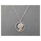 90% Silver Cutout Mercury Dime Pend & Sterl Chain